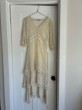 Nataya Ivory Vintage 1920s look Lace Tiered V-Neck Women’s Dress Silky Lined S